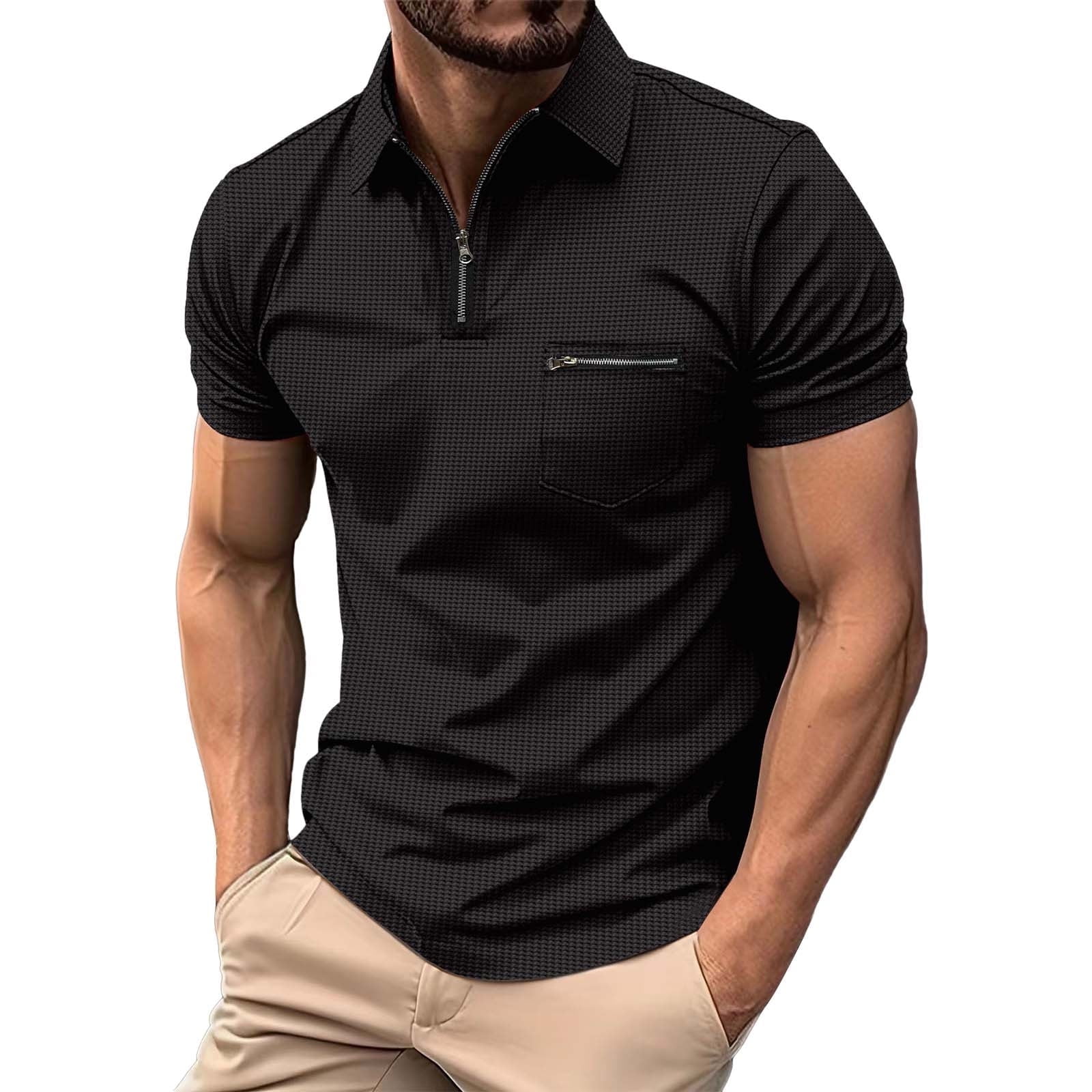 MEAGAOME Men's Fashion Spring and Summer Casual Short Sleeve Zipper Lapel Solid Color Short