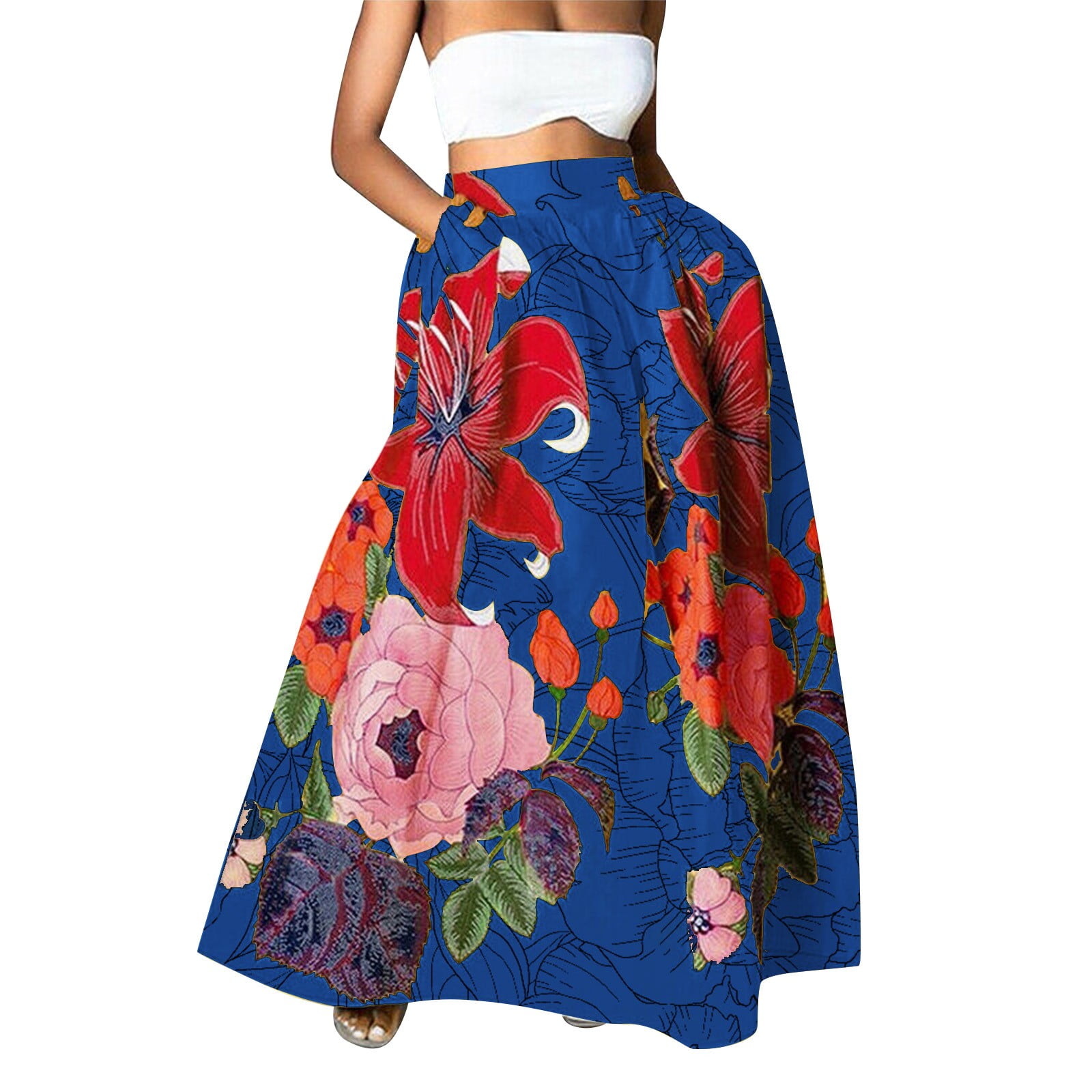MEAGAOME Skirts for Women 2025 Knee Length Flowy Skirt Ladies Fashion Printed Large Swing Skirt Loose Pocket Half Length Skirt Wrap around Skirts for Women plus Size 22 Gifts for Women Hot
