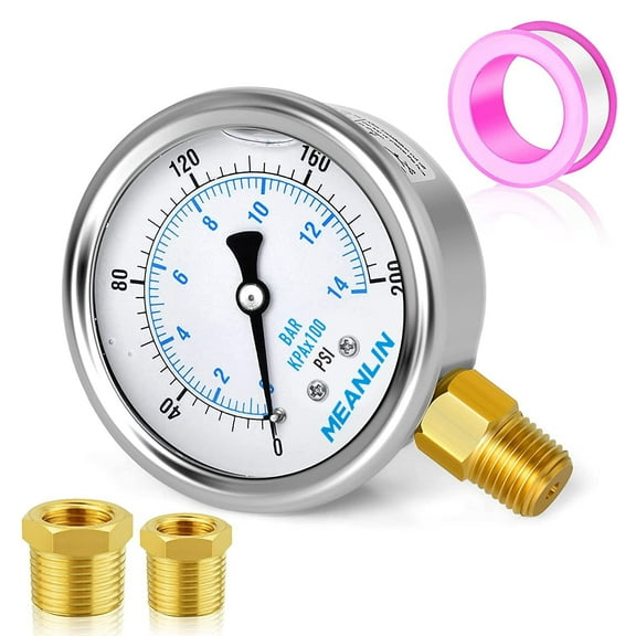 MEANLIN MEASURE 0~200Psi Stainless Steel 1/4" NPT 2.5" FACE DIAL Liquid Filled Pressure Gauge WOG Water Oil Air Lower Mount, with 1/4" x 1/2" NPT and 1/4" x 3/8" NPT Hex Bushing