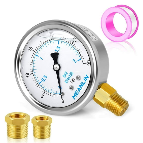 MEANLIN MEASURE 0~30Psi Stainless Steel 1/4" NPT 2.5" FACE DIAL Liquid Filled Pressure Gauge WOG Water Oil Air Lower Mount, with 1/4" x 1/2" NPT and 1/4" x 3/8" NPT Hex Bushing