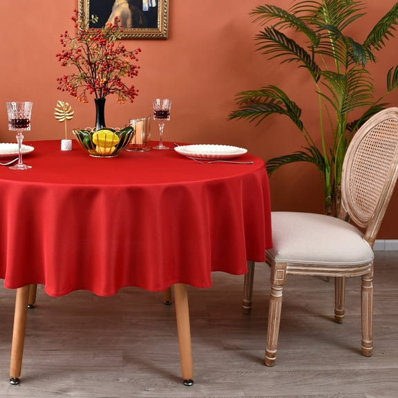 MEANMOY Red 210 GSM Water & Stain Resistant Round Tablecloth for Circle Table - Solid 60 Inch Table Cloth Cover in Wrinkle Free Durable Washable Polyester Fabric for Wedding, Party, Banquet