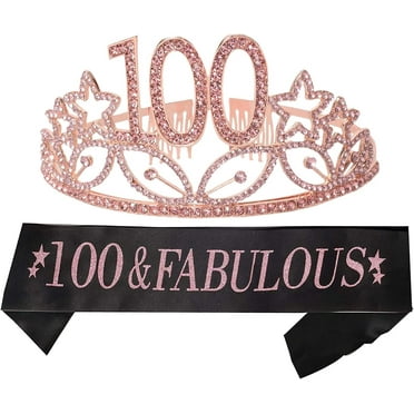 MEANT2TOBE 100th Bday Sash & Tiara - Pink Glitter Sash + Rhinestone Tiara, Gifts for 100th