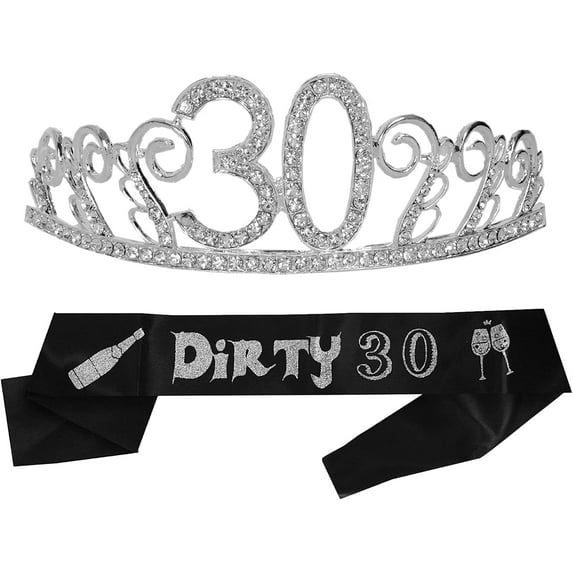 MEANT2TOBE 30th Birthday Glitter Sash and Silver Rhinestone Tiara Set