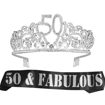 MEANT2TOBE 50th Birthday Sash and Tiara for Women - Fabulous Glitter Sash + Flowers Rhinestone Silver Premium Metal Tiara for Her, 50th Birthday Gifts for 50 Party