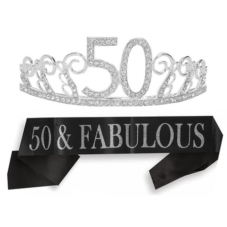 MEANT2TOBE 50th Birthday Sash and Tiara for Women - Fabulous Glitter Sash + Waves Rhinestone Silver Premium Metal Tiara for Her, 50th Birthday Gifts for 50 Party