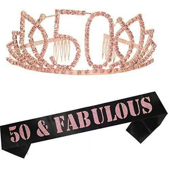 MEANT2TOBE 50th Birthday Sash and Tiara for Women - Silver and Pink Birthday Rhinestone Crown and Glitter Sash Set - 50 and Fabulous Gifts for Women - 50th Birthday Party Decorations for Women