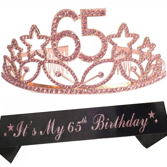MEANT2TOBE 65th Birthday Sash and Tiara for Women - Fabulous Glitter Sash + Stars Rhinestone Pink Premium Metal Tiara for Her, 65th Birthday Gifts for 65 Party