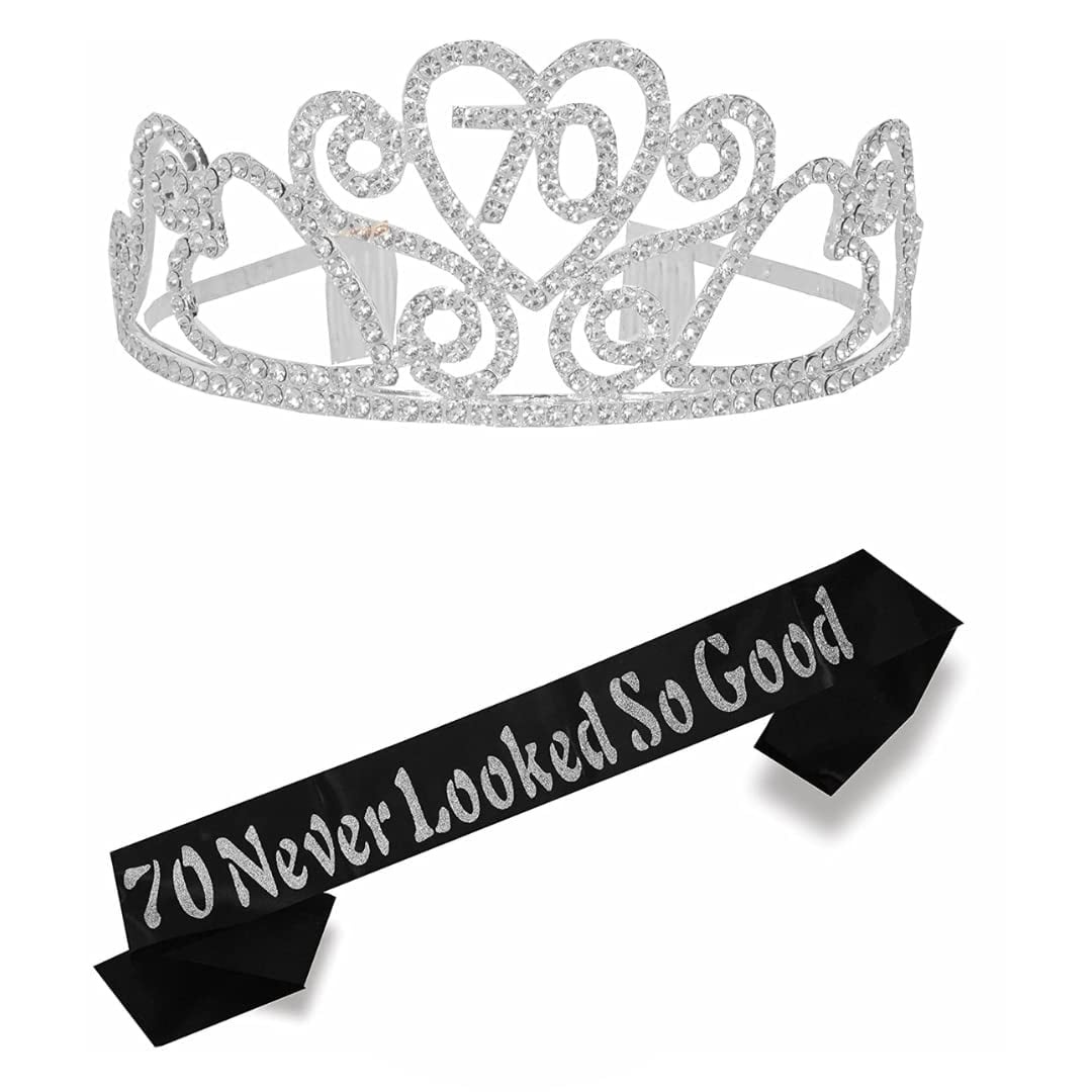 MEANT2TOBE 70th Birthday Sash and Tiara for Women - Fabulous Glitter Sash + Floating Heart Rhinestone Silver Premium Metal Tiara for Her, 70th Birthday Gifts for 70 Celebration