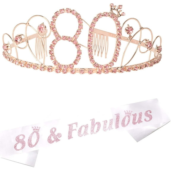 MEANT2TOBE 80th Birthday Sash and Tiara Set for Women - 80 and Fabulous Glitter Sash - Crystals and Rhinestones Pink Tiara - Gift for 80th Celebration Decorations, and Accessories