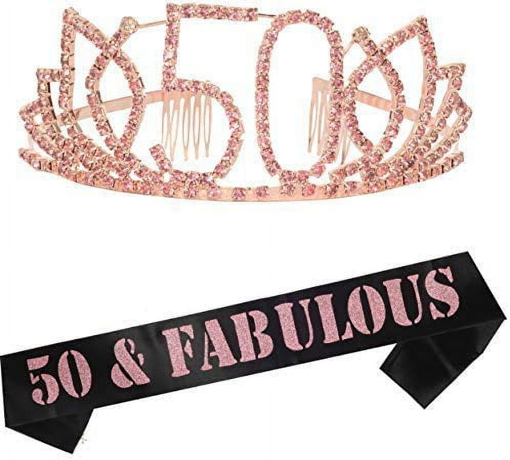MEANT2TOBE 50th Birthday Sash and Tiara for Women - Silver and Pink Birthday Rhinestone Crown and Glitter Sash Set - 50 and Fabulous Gifts for Women - 50th Birthday Party Decorations for Women
