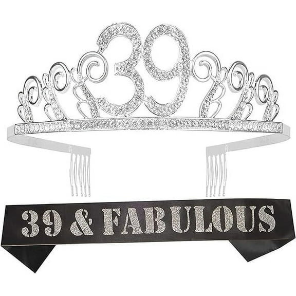 MEANT2TOBE Fabulous 39th Birthday Sash and Tiara Set - Glitter Sash + Waves Rhinestone Tiara for Her, Perfect 39th Birthday Gift for Women's Party!