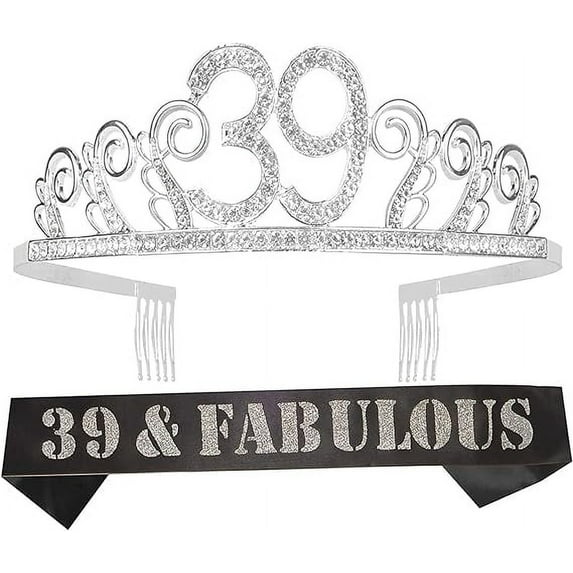 MEANT2TOBE Fabulous 39th Birthday Sash and Tiara Set - Glitter Sash + Waves Rhinestone Tiara for Her, Perfect 39th Birthday Gift for Women's Party!