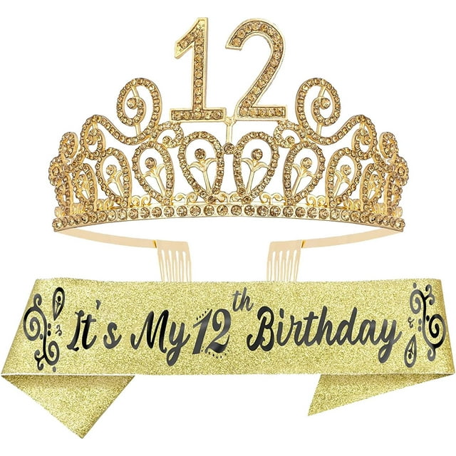 MEANT2TOBE Gold 12th Birthday Sash and Tiara for Girls Glitter Sash