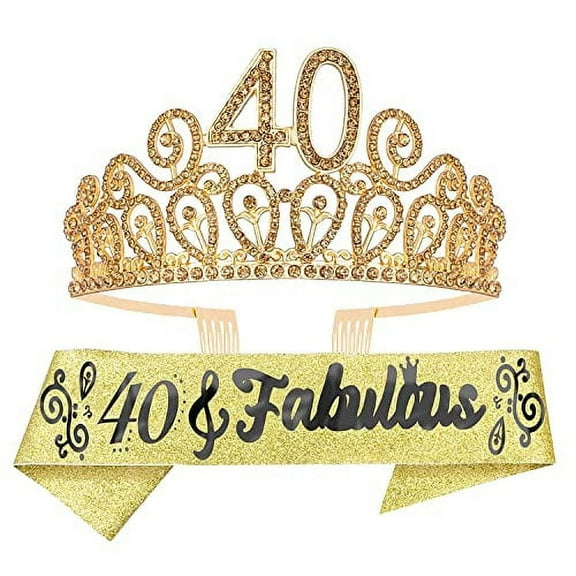 MEANT2TOBE Gold 40th Birthday Sash and Tiara Set - Glitter Sash + Rhinestone Tiara, Perfect 40th Birthday Gifts for Women, 40 Party Accessories
