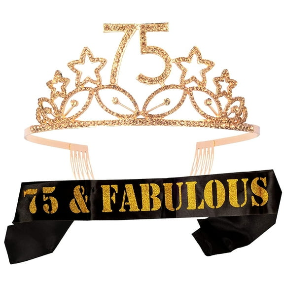 MEANT2TOBE Gold 75th Birthday Sash and Tiara Set - Glitter Sash + Rhinestone Tiara for Women, Perfect 75th Birthday Gift for Celebrations