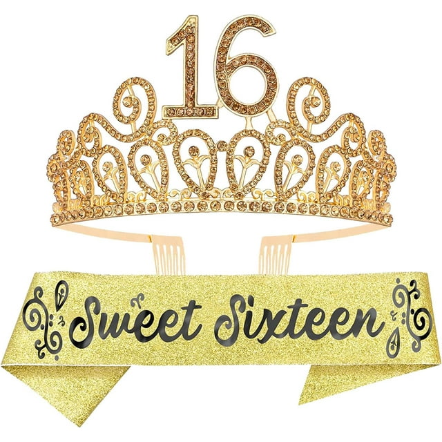 MEANT2TOBE Gold Sweet 16 Sash and Tiara Set Glitter Sash + Ripples