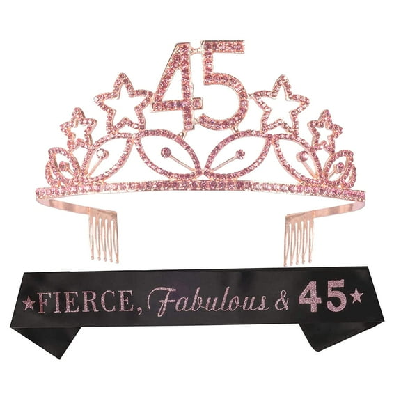 MEANT2TOBE - Meant2Be 45th Birthday Sash & Tiara - Pink Glitter & Stars Rhinestone