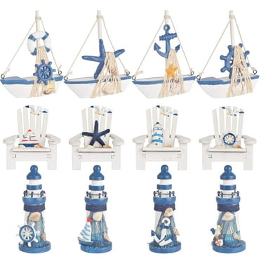 MEANT2TOBE - Meant2Be Wooden Lighthouse & Mini Sailboat Deep Blue Model Decoration Set of 12