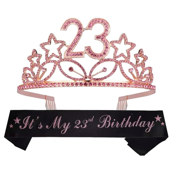 23rd Birthday Sash and Tiara for Women - Fabulous Set: Glitter Sash + Stars Rhinestone Pink Premium Metal Tiara for Women, 23rd Birthday Gifts for 23rd Birthday Party