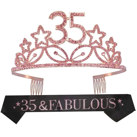 MEANT2TOBE Pink Glitter Sash and Rhinestone Tiara Set - Premium Metal Tiara with Stars for Women's 35th Birthday Party, Fabulous Gift Idea