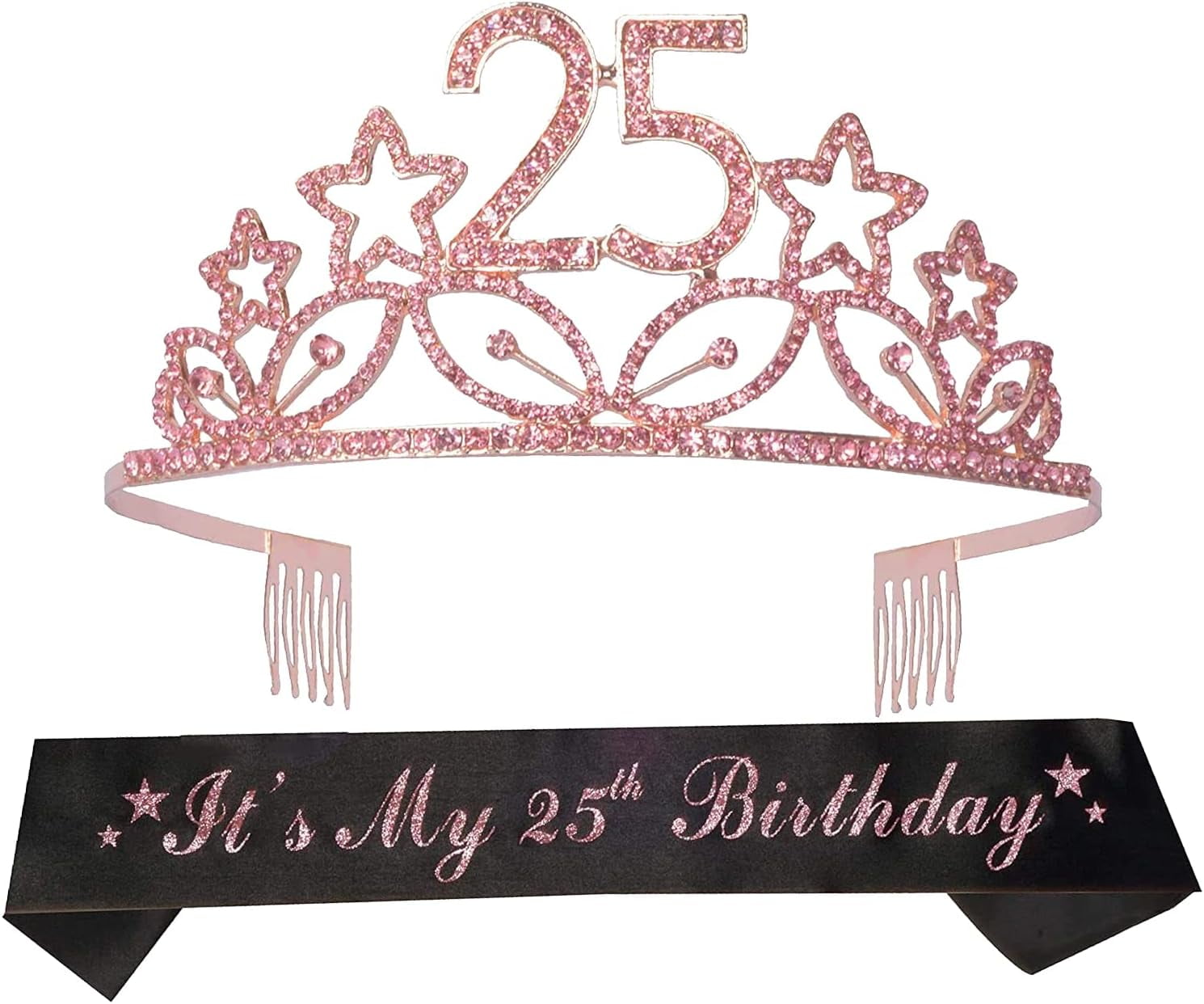 MEANT2TOBE Pink Glitter Sash and Tiara Set - Rhinestone Crown and Birthday Sash Combo for Women, 25th Birthday Gifts and Party Accessories