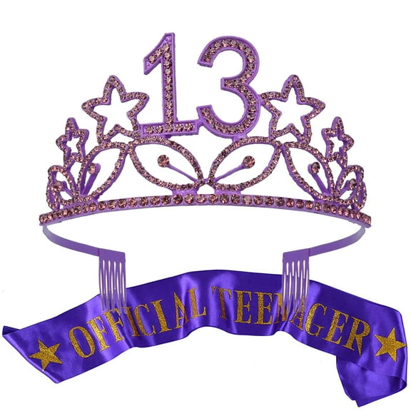 MEANT2TOBE Purple 13th Birthday Sash and Tiara Set - Glitter Sash + Stars Rhinestone Premium Metal Tiara, Perfect Gift for Teenagers Party