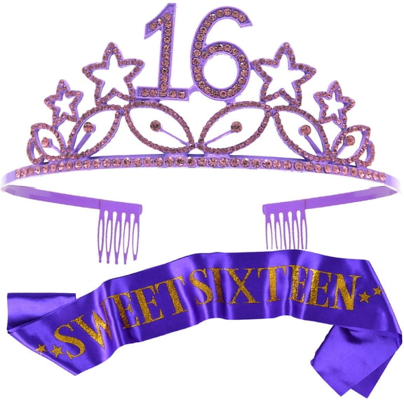 MEANT2TOBE Purple 16th Birthday Sash & Tiara Set - Glitter & Stars
