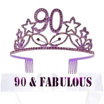MEANT2TOBE Purple 90th Birthday Sash and Tiara Set - Glitter Sash   Rhinestone Tiara for Women, Premium Metal Tiara for Her, 90th Birthday Gifts