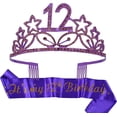 thumbnail image 1 of MEANT2TOBE 12th Birthday Sash and Tiara for Girls - Fabulous Glitter Sash + Stars Rhinestone Purple Premium Metal Tiara for Girls, 12th Birthday Gifts for Princess Party, 1 of 13
