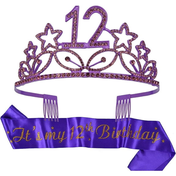MEANT2TOBE 12th Birthday Sash and Tiara for Girls - Fabulous Glitter Sash + Stars Rhinestone Purple Premium Metal Tiara for Girls, 12th Birthday Gifts for Princess Party