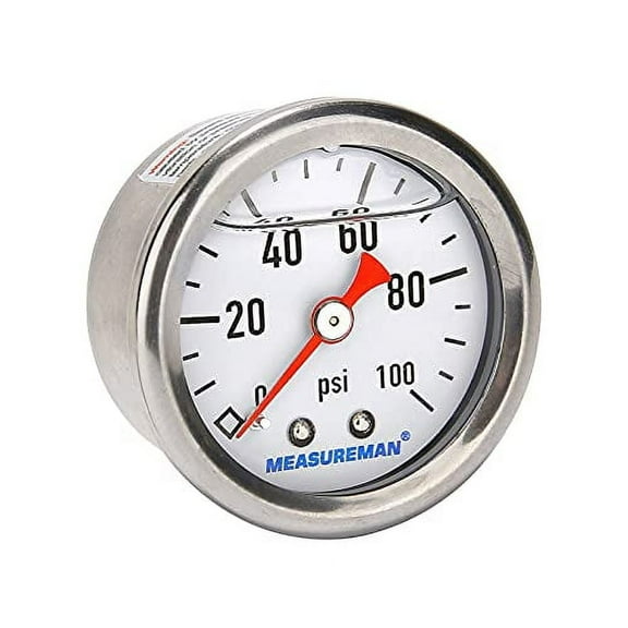 MEASUREMAN 1-1/2" Dial Size, 304 Stainless Steel case, Liquid Filled Fuel Pressure Gauge, 0-100Psi, 3-2-3%, 1/8"NPT Center Back Mount