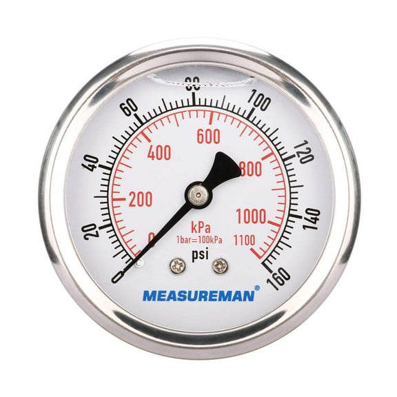 MEASUREMAN 2-1/2" Dial Size, Glycerin Filled Pressure Gauge, 0-160psi/kpa, 304 Stainless Steel Case, 1/4"NPT Center Back Mount