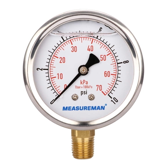 MEASUREMAN 2-1/2" Dial, 1/4"NPT Lower, Glycerin Filled, Stainless Steel Case, Brass Inside, 0-10 PSI/kPa