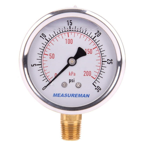 MEASUREMAN 2-1/2inch Dial Size, Oil Filled Pressure Gauge, 0-30psi/kpa, 304 Stainless Steel Case, 1/4 inchNPT Lower Mount