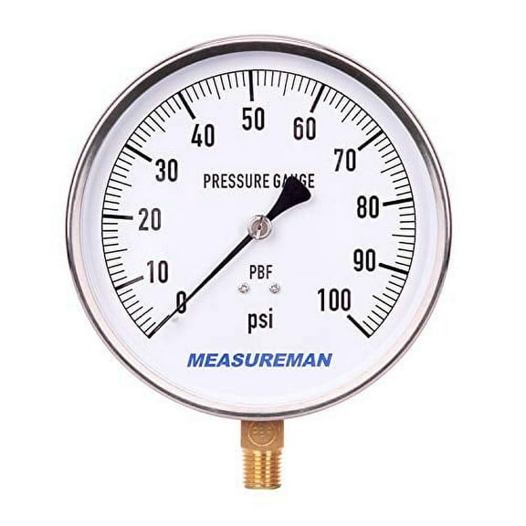 MEASUREMAN 304 Stainless Steel Case,Contractor Pressure Gauge, 0-100Psi, 4-1/2" Dial Size, 1% Accuracy, 1/4" NPT Lower Mount