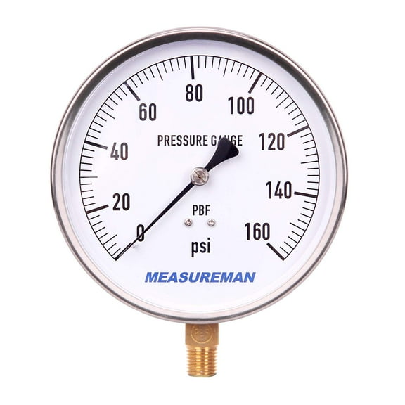 MEASUREMAN 4-1/2" Dial Size, 304 Stainless Steel Case,Drinking Water Lead-Free Contractor Pressure Gauge, 0-160Psi,+/-1% Accuracy, 1/4" NPT Lower Mount