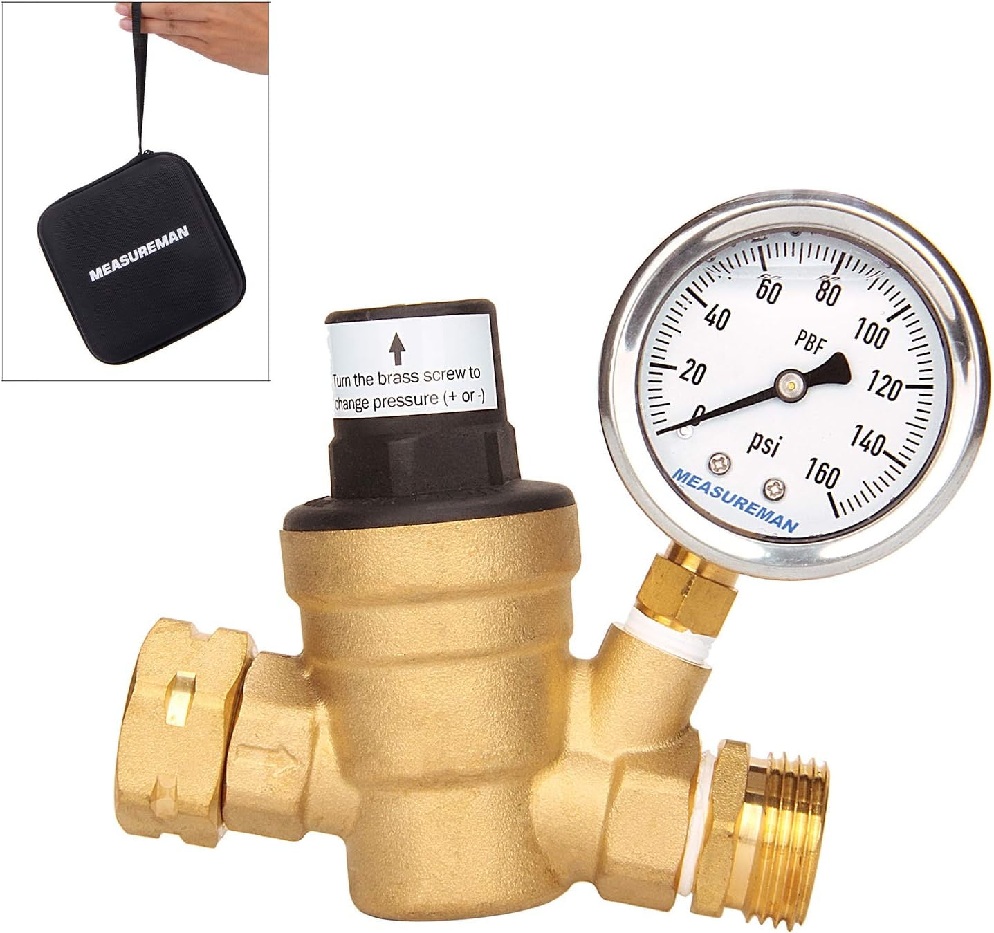 MEASUREMAN Adjustable Brass Lead-Free RV Pressure Regulator With Fine Black Zipper Case, Pressure Reducer With Liquid Filled Pressure Gauge 160psi Inlet Screened Filter For RV Camper Travel Trailer
