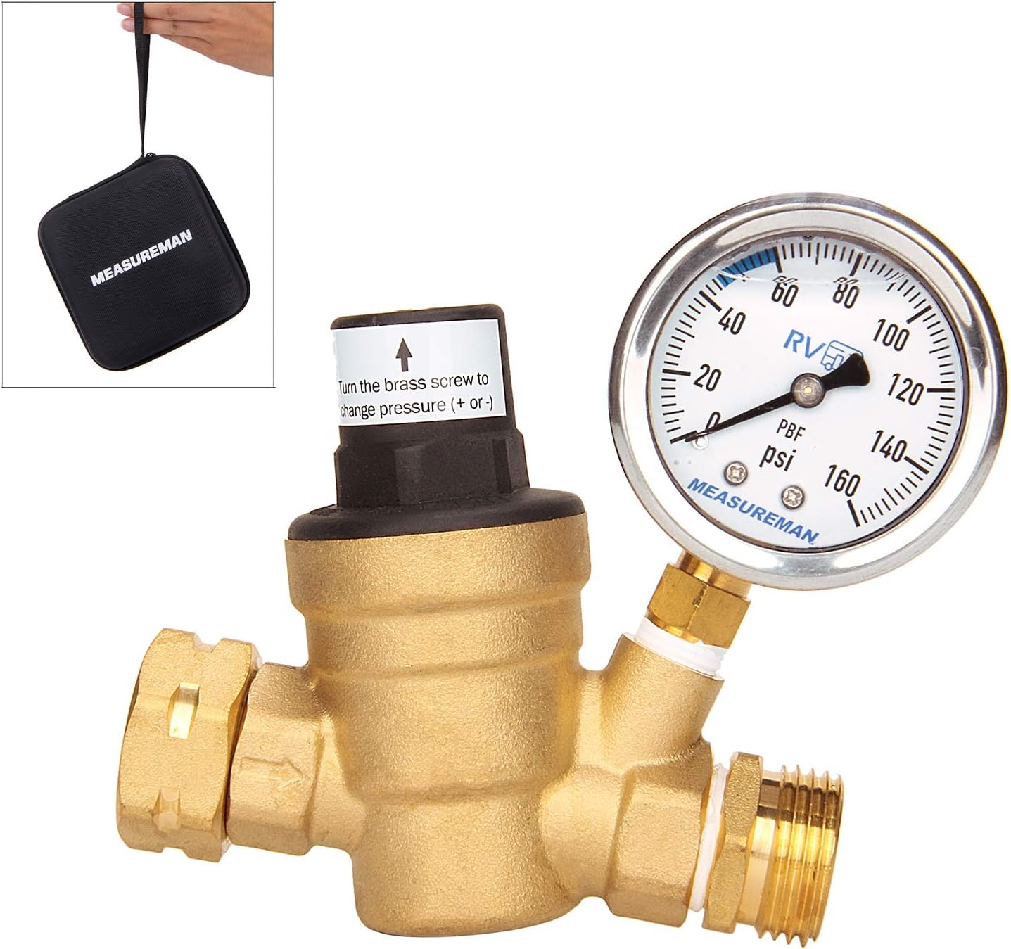 MEASUREMAN Adjustable Brass Lead Free RV Pressure Regulator, Pressure Reducer With Liquid Filled Pressure Gauge 160psi and Inlet Screened Filter For RV Camper Travel Trailer