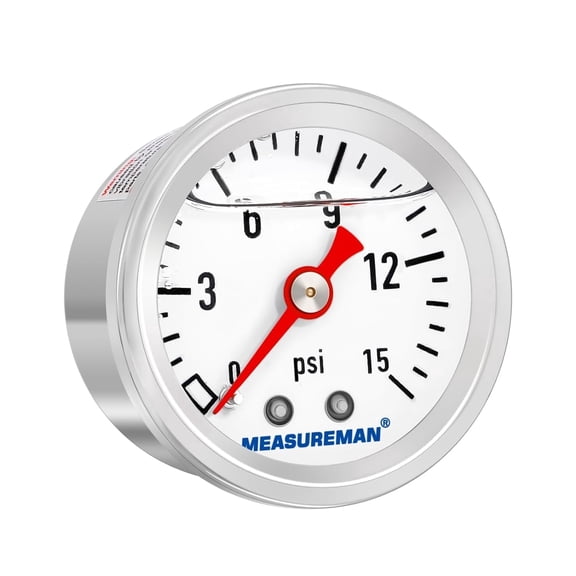 MEASUREMAN 1-1/2" Dial Size, Glycerin Filled Fuel Pressure Gauge, 304 Stainless Steel case, 0-15Psi, 3-2-3%, 1/8"NPT Back Mount