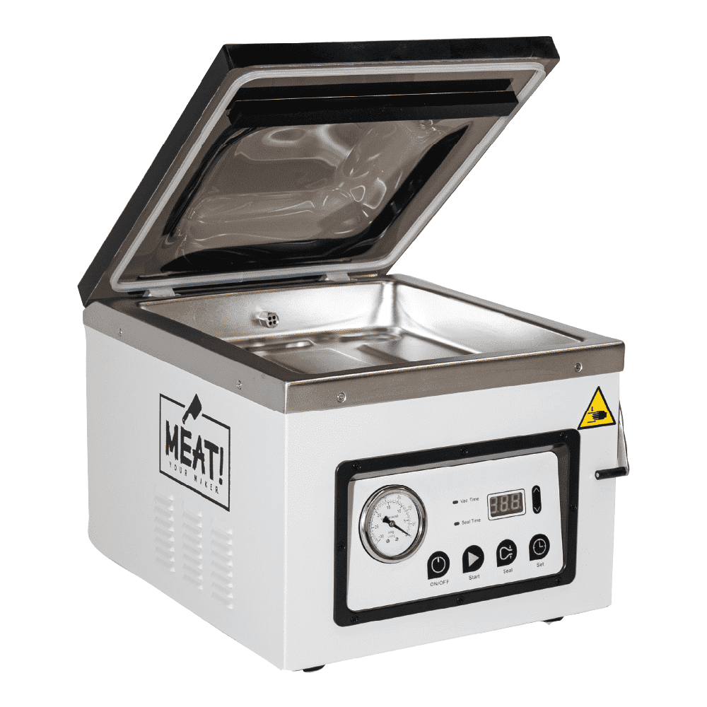 MEAT! Chamber Vacuum Sealer with 12" Sealing Bar, Adjustable Seal Time, Vacuum Gauge, and Vacuum Bag Sampler Pack for Preserving Meat and Vegetables