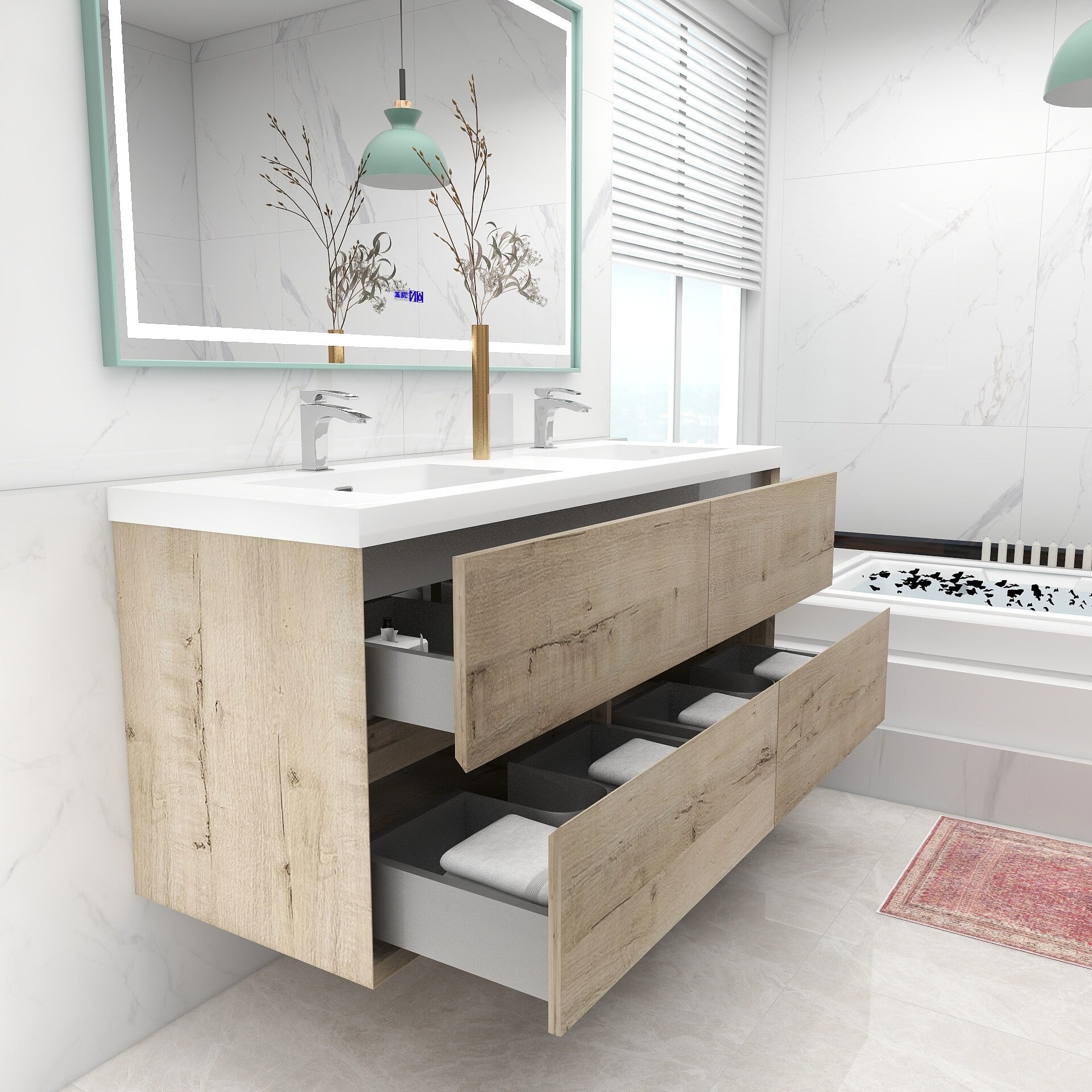 MEBO BATH Selina 60" Wall Mounted Vanity with Double Sink Light Oak