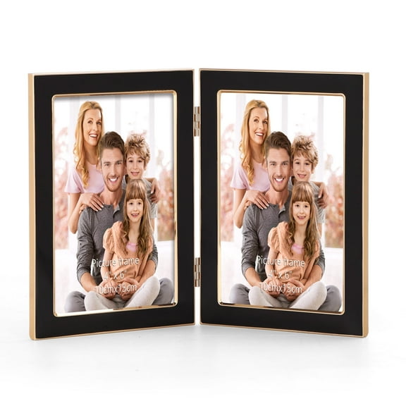 MEBRUDY 4x6 Double Picture Frame Black with Tempered Glass Display 4 by 6 Photo, Metal Hinged Folding Frame for Tabletop and Wall
