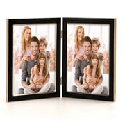 5x7 Double Picture Frame with Tempered Glass, Metal 5x7 2-Opening Hinged Folding Frame for Tabletop or Wall Display, Black