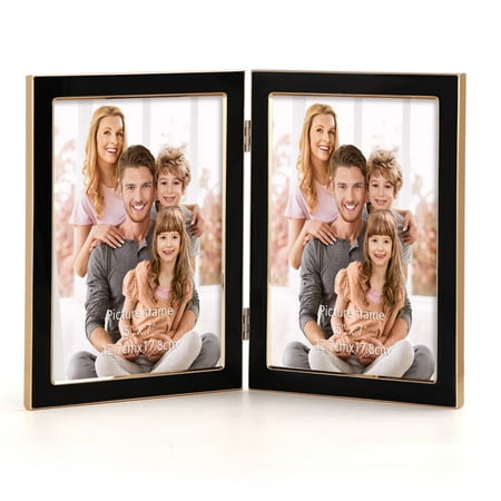 5x7 Double Picture Frame with Tempered Glass, Metal 5x7 2-Opening Hinged Folding Frame for Tabletop or Wall Display, Black