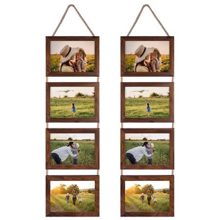MEBRUDY 5x7 Hanging Collage Picture Frames Set of 2, Walnut Brown 8 Opening Horizontal Frame Made to Display 5 by 7 Inch Photo for Wall Decor