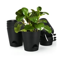 MEBRUDY 6 Inch Plastic Plant Pots Set of 6, Black Self Watering Flower Planters for Indoor Outdoor with Drainage Holes for Snake Plant, African Violet