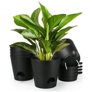 MEBRUDY 8 Inch Plastic Plant Pots Set of 6, Black Self Watering Flower Planters for Indoor Outdoor with Drainage Holes for Snake Plant, African Violet