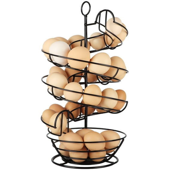 MEBRUDY Double Spiral Design Egg Skelter Dispenser Rack with Basket, Storage Display Rack, Black