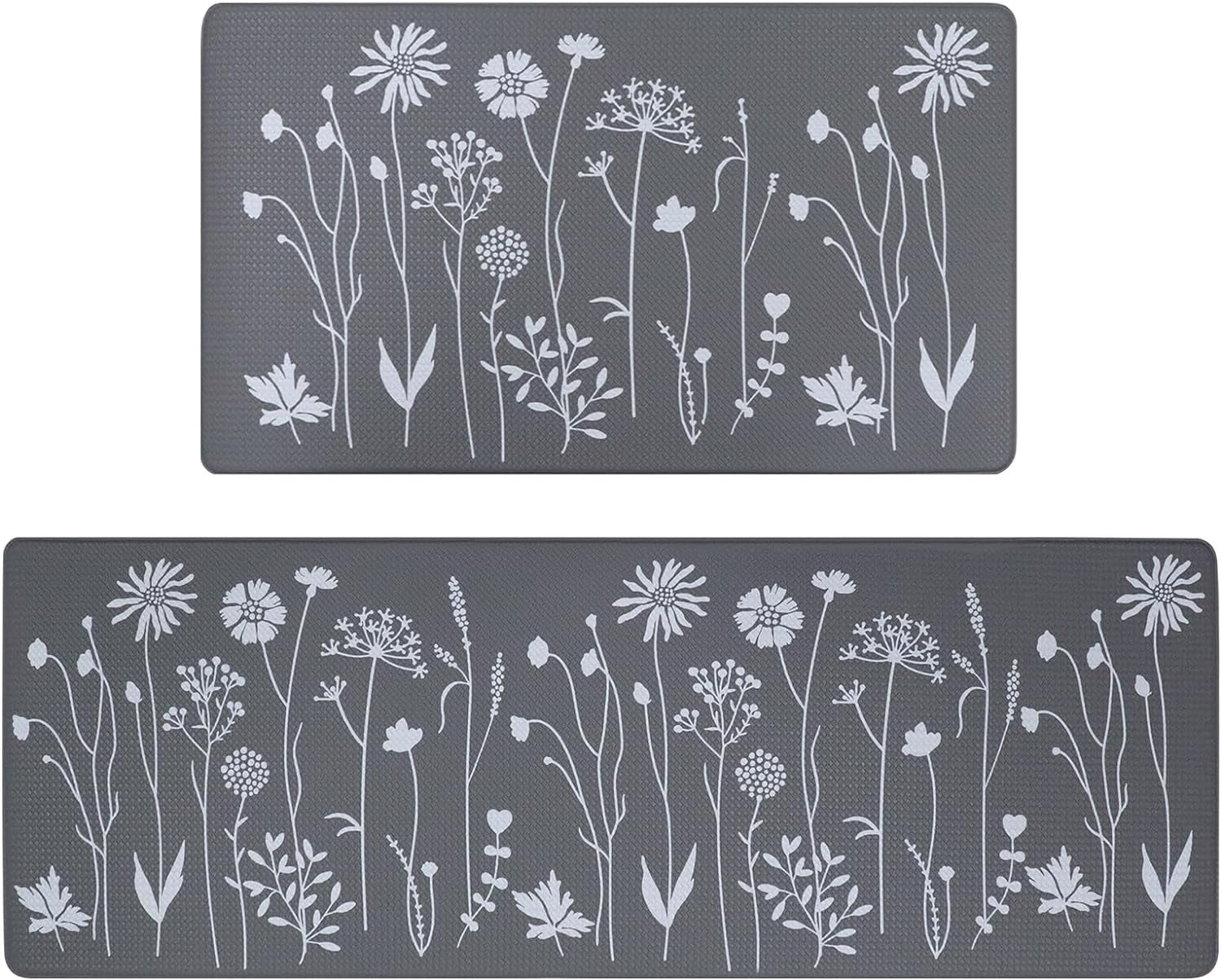 Gray Floral Anti-Fatigue Non-Slip Rectangular Kitchen Mat Set