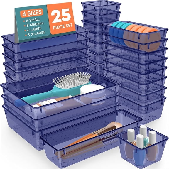 MEC 25 PCS Plastic Drawer Organizer Set, 4-Size Versatile Organizer Trays & storage Bins for Makeup, Jewelry, and Gadgets in Bathroom, Bedroom and Office,Dark Blue